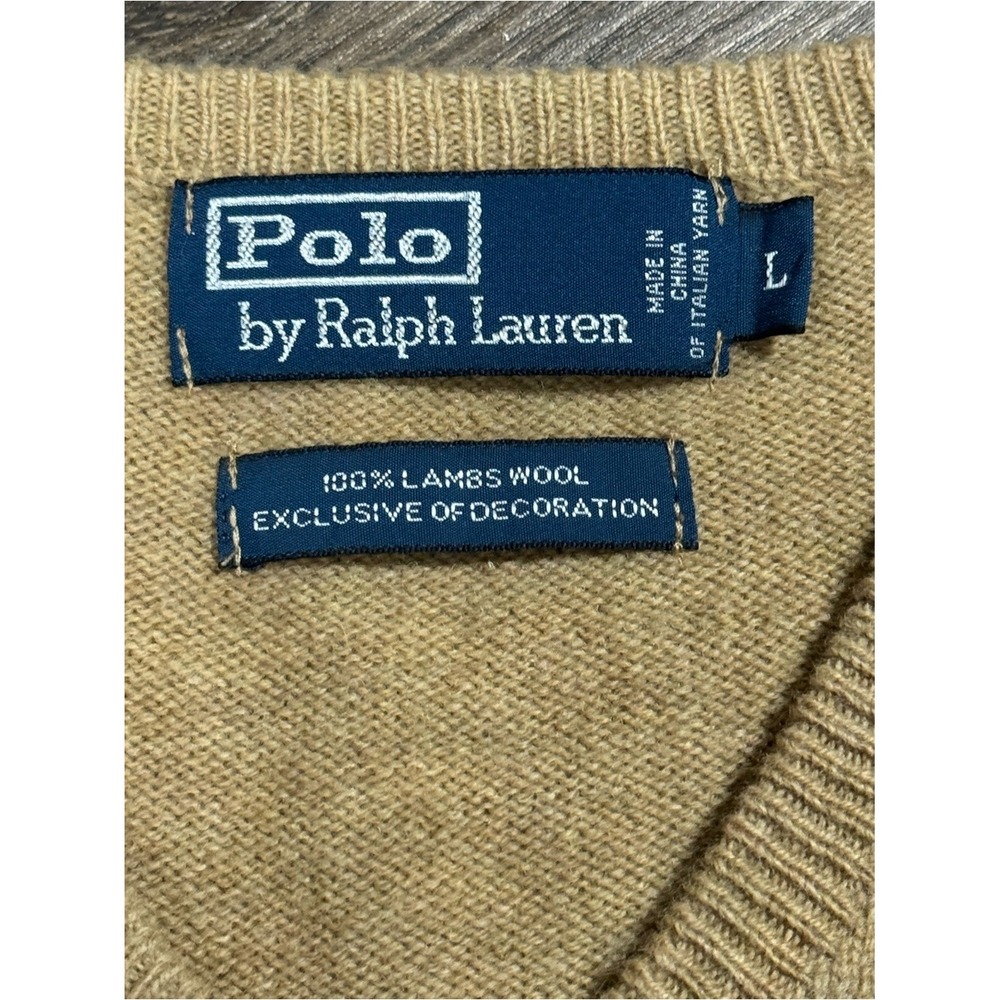 Vintage Polo Ralph Lauren Mens Lambswool V Neck Sweater Camel Sz L Heritage Prep - Picture 3 of 6